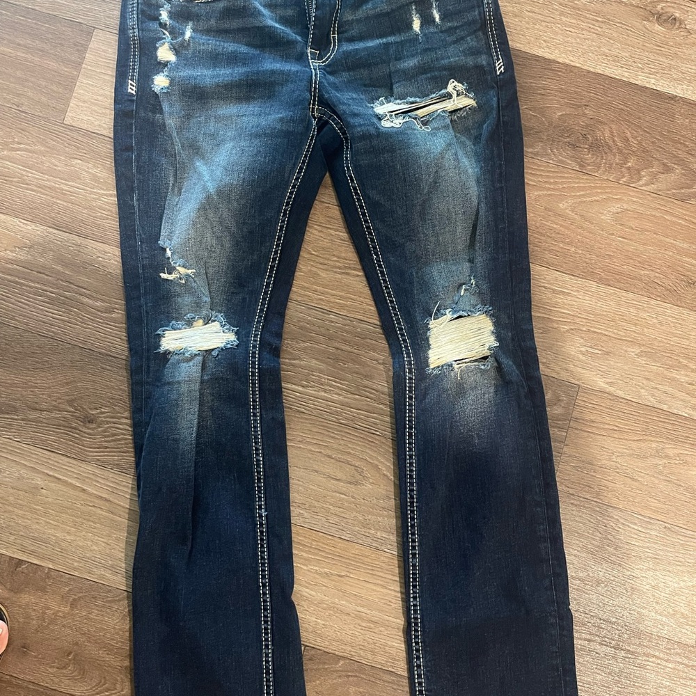 BKE Dark Blue Distressed Straight Leg Jeans